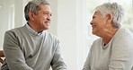 Happy senior couple talking in home with love, care and conversation together in retirement. Old man, elderly woman and communication with partner for chat, support and loyalty of trust in marriage 