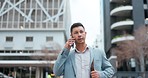 Businessman, phone call and walking in city for discussion, proposal or travel on urban street. Man or employee talking on mobile smartphone for business conversation, trip or sidewalk in town