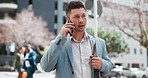 Business man, walking and phone call in city for communication, mobile chat and hello to contact. Employee talking on smartphone for feedback, conversation and consulting outdoor in busy urban street