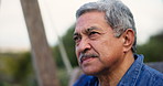 Face, nostalgia and a senior man on a bench swing in the garden of his home during retirement. Thinking, depression or memory with an unhappy elderly person in the backyard for summer contemplation