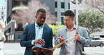 City, folder and business people conversation, walking and talking about legal paperwork, law development or report. Collaboration, urban team discussion and professional lawyer consulting on project