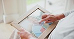 Photo frame, hands and senior person in a retirement and nursing home with picture. Thinking, grief and remember memory in a house with love, care and morning husband with nostalgia and lonely