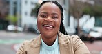 Laugh, business and portrait of black woman in city with confidence, job opportunity and trust. Downtown, street and face of happy urban businesswoman, employee or entrepreneur in recruitment career.