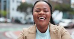 Laugh, business and portrait of black woman in city street with confidence, opportunity and fun. Downtown, smile and face of happy urban businesswoman, employee or entrepreneur in recruitment career.