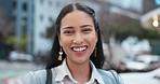 Laugh, business and portrait of woman in city street with confidence, job opportunity and trust. Downtown, smile and face of happy urban businesswoman, employee or entrepreneur in recruitment career.