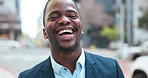 Laugh, business and portrait of black man in city with confidence, job opportunity and smile. Downtown, street and face of happy urban businessman, employee or entrepreneur with recruitment career.