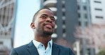 Black man, business thinking and city with entrepreneur, morning and work commute with travel outdoor. Male professional, inspiration and freedom with employee, worker and town with confidence of job