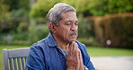 Praying, hands and senior man outdoor in garden, park or backyard with faith in god, religion and Jesus. Thank you, prayer and elderly Christian in meditation or worship for gratitude in retirement