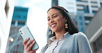 Phone, city and business woman chatting with connection and commute reading online social media news. Internet, mobile app and happy employee smile while networking, search or typing on smartphone