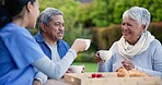 Coffee cheers, talking and a nurse with a couple in the backyard for conversation, relax and bonding. Laughing, smile and a female caregiver with a senior man and woman, breakfast and tea toast