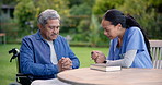 Senior man, praying and retirement in garden, nurse and care for support, caregiver and nursing. Healthcare, elderly and faith for medical, professional and worker for patient, respect and spiritual