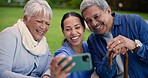 Caregiver, senior man and woman in selfie, smile together or memory in garden, nursing home and blog. Old couple, nurse and photography for profile picture, social media update and outdoor in spring