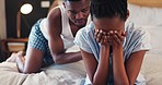Couple, woman and cry while upset in bedroom for argument, infertility or disagreement. African, people and man with conflict, frustrated or problem with relationship for loss, grief or infidelity