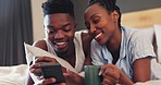 Happy, relax and a black couple with a phone in the bedroom for social media, communication or meme. Morning, calm and an African man and woman reading news or contact from a mobile on a home bed