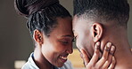 Faces, care and African couple in bedroom together with love in relationship and with happiness in the morning. Affection, bonding and happy man with woman for romance to relax in room on vacation