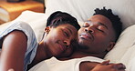 Black couple, bedroom and sleeping with hug, embrace or love for relationship, care and romance. Romantic, touch and bed for rest, relax or home for break, comfort and caring as man, woman or partner