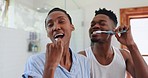 Home, brushing teeth and black couple with hygiene, morning and wellness with happiness. Bathroom, African man and. woman with toothbrush, oral health and dental care with marriage, smile or wellness