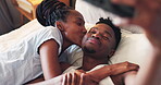 Selfie, love and African couple on bed together on social media in bedroom for memory, care and relationship. Morning, online and happy man smile with woman for romance on mobile app on vacation