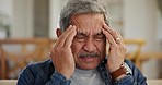 Senior man, stress and headache in home for retirement, mental health and anxiety of depression. Face of tired elderly pensioner massage temple for vertigo, worry and crisis of pain, debt and mistake