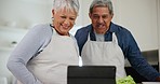 Kitchen, wave and senior couple with a tablet, video call and greeting with connection, apron and cooking. Home, happy elderly man and old woman with technology, online instructions and communication