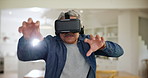 Old man, virtual reality and action with video game and digital world, user experience at home with future technology. 3D, innovation and online streaming, VR and gamer grab with hands for challenge