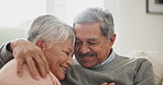 Old people, couch and hug with love and support in marriage, retirement and happiness together at home. Comfort, care and bonding with life partner, couple in living room with trust and commitment 