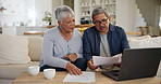 Old people, laptop and paperwork, bills and taxes online with budget, life insurance and retirement fund. Couple at home with policy document, savings and asset management, finance and investment