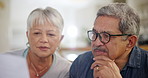 Old people, reading document for bills and tax audit with budget, life insurance and retirement fund. Couple at home with policy paperwork, savings and asset management, finance and investment