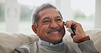 Senior man, smile and phone call in home with social network, mobile contact or communication on sofa in living room. Happy retirement, relax and talking on smartphone for chat, conversation or hello
