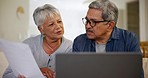 Old couple, laptop and paperwork, bills and taxes online with budget, life insurance and retirement fund. People at home with policy document, savings and asset management, finance and investment