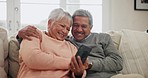 Phone, smile and senior couple on sofa in home, typing on social media and reading email. Happy elderly man, woman and smartphone in living room for news, communication and internet app in retirement