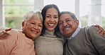 Smile, hug and woman with senior parents on sofa for bonding together in the living room. Happy, love and portrait of young female person embracing her elderly mother and father in retirement at home