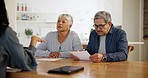 Home, senior couple and paperwork with investment, insurance and planning in a living room. Worker, elderly woman and old man with documents, contract or mortgage with conversation, pension or budget