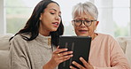 Tablet, happy and woman teaching elderly mom technology, learning and retirement. Mother and daughter, love and support or help with internet and online communication, social media and helping hand