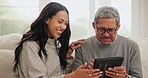 Tablet, happy and woman teaching elderly dad technology, learning and retirement.Father and daughter, love and support or help with internet and online communication, social media and helping hand