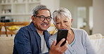 Senior couple, smartphone and video call with wave, conversation and living room couch. Grandparents, technology and communication with family, man and woman in retirement, happiness and connection