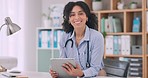 Tablet, smile and face of woman doctor doing research in hospital for medical diagnosis or treatment. Happy, digital technology and portrait of female healthcare worker scroll on internet in a clinic