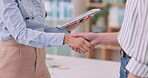 Tablet, doctor and handshake with patient in consultation, meeting and welcome to hospital. Technology, medical woman and shaking hands for agreement, healthcare appointment or introduction closeup