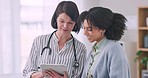 Tablet, conversation and doctor with patient in office of hospital for diagnosis or treatment research. Digital technology, healthcare and medical worker talk to woman at consultation in clinic.