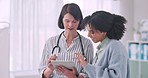 Tablet, conversation and doctor with woman in office of hospital for diagnosis or treatment research. Digital technology, healthcare and medical worker talk to patient at consultation in clinic.