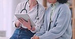 Tablet, closeup and doctor with patient in office of hospital for diagnosis or treatment research. Digital technology, healthcare and female medical worker talk to woman at consultation in clinic.