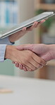 People, shaking hands and tablet in office with deal, contract and online agreement in business. Handshake, closeup and meeting with employee for tech, partnership and onboarding welcome to workplace