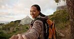 Hiking, smile and holding hands with a woman leading on an adventure in the mountains for freedom or romance. Portrait, love and dating in the forest with a happy young person outdoor in nature