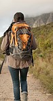 Backpacking, hike and woman with fitness, health and fresh air with wellness, adventure and mountains. Person, hiker and traveller with a bag, journey and exercise with woods, trekking and outdoor