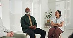 Black man, psychology or counselling meeting in circle for wellness with mental health, help or discussion. Empathy, senior or people speaking for trust, support or communication in group therapy