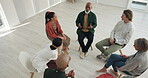 Counseling circle, people and therapist talk of mental health, support or wellness in meeting. Therapy, rehabilitation and group advice of senior psychologist speaking to clients in psychology above