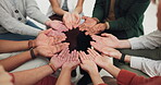 Circle, palm or hands for prayer, support or solidarity with faith, trust and hope in group or meeting. Men, closeup or women praying for mental health in team building with mindfulness or wellness