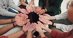 Group, palm or hands in circle for support, prayer or solidarity with faith, trust and hope in meeting. Men, closeup or women praying for mental health in team building with mindfulness or wellness