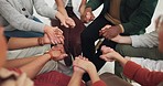 Help, holding hands and people with diversity in therapy with hope, empathy or faith. Solidarity, circle and group in counselling for addiction, mental health or cancer support with trust or kindness