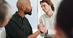 People, group and therapy with support, rehabilitation and consulting with stress, burnout or mental health. Men, women or psychologist with counselling, service or handshake with recovery or healing